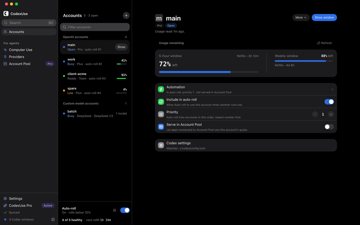 CodexUse Accounts screen: OpenAI and custom-model accounts, each with a status word, headroom, and an Open or Show button.