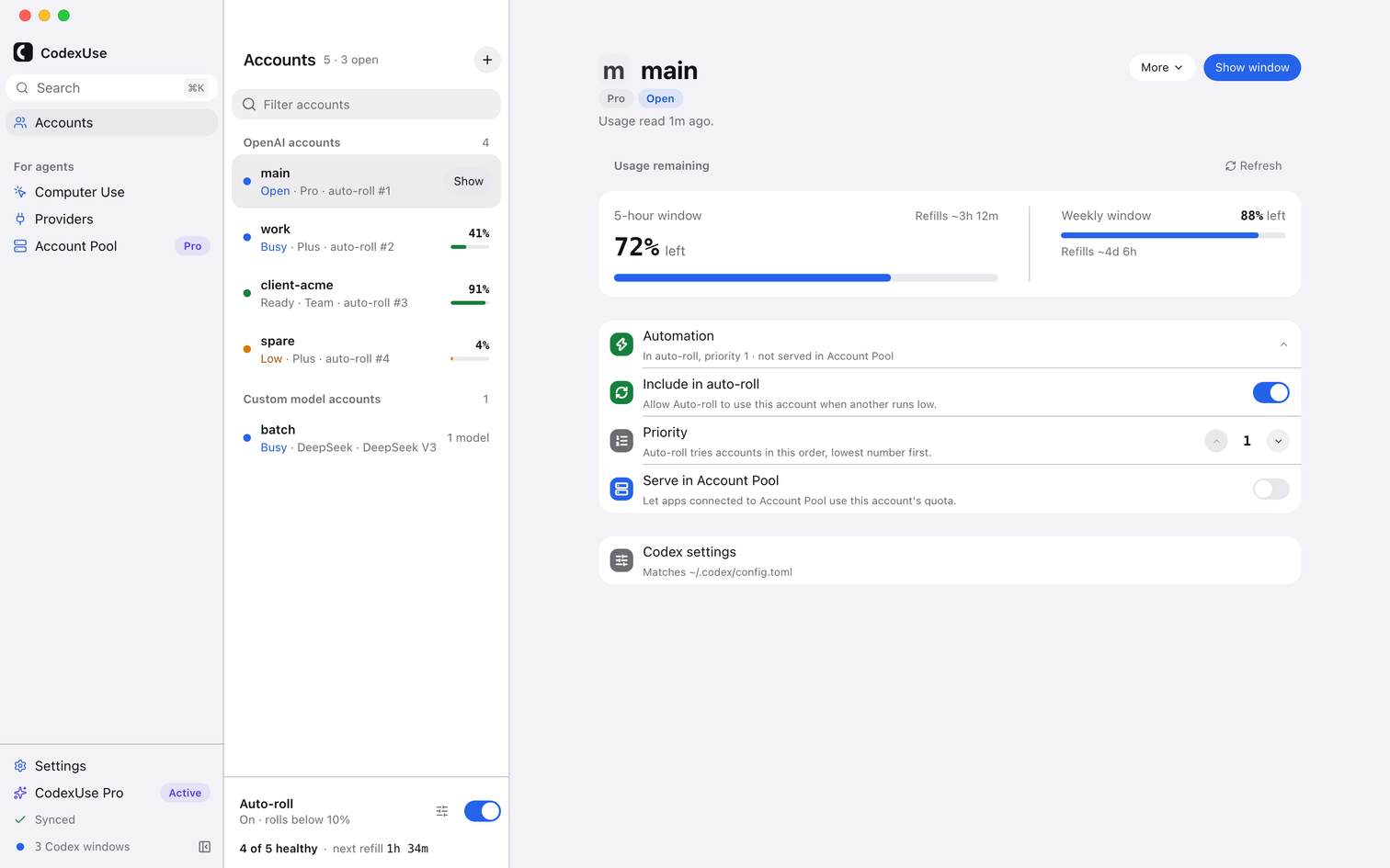 CodexUse Accounts screen: OpenAI and custom-model accounts, each with a status word, headroom, and an Open or Show button.