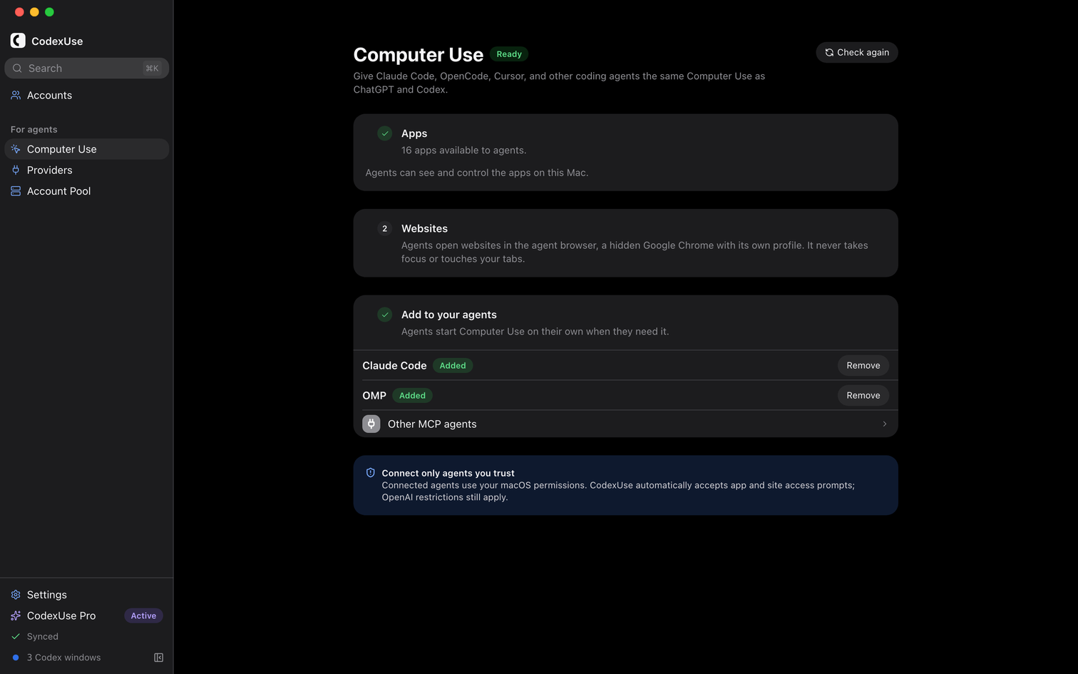 CodexUse Computer Use: the runtime is ready, Chrome is available as a browser, and Claude Code and OMP have the server added.